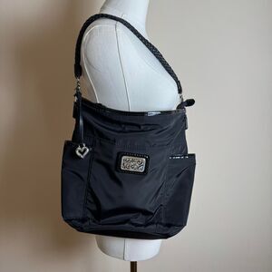 Brighton Black Patent Leather + Nylon Shoulder Bag with Silver Hardware Charm